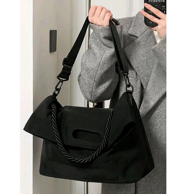 

Black Nylon Women Crossbody Bags Fashion Wide Shoulder Strap Casual Tote Pack Simple All-Match Female Commute Messenger Bag