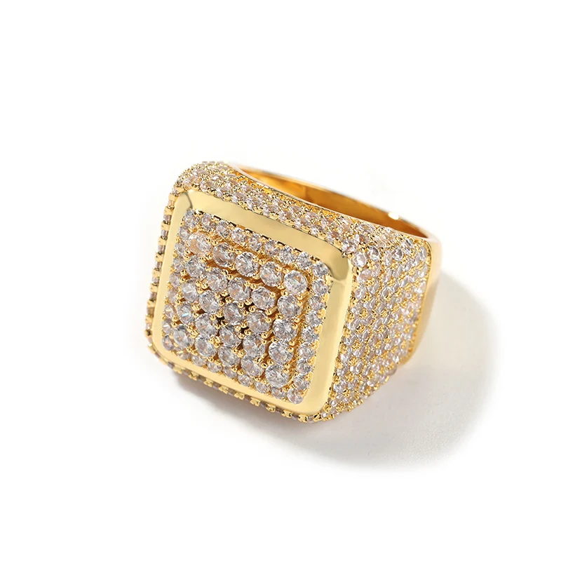 Hip Hop 5A+ CZ Stone Paved Bing Iced Out Geometric Square Finger Rings for Men Women Unisex Rapper Jewelry Gold Silver Color