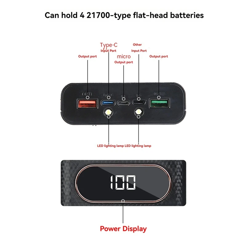 무선 DIY 쉘 21700 배터리 보관함, 빠른 충전, 분리형 보조배터리 케이스, 배터리 없음, 22.5W