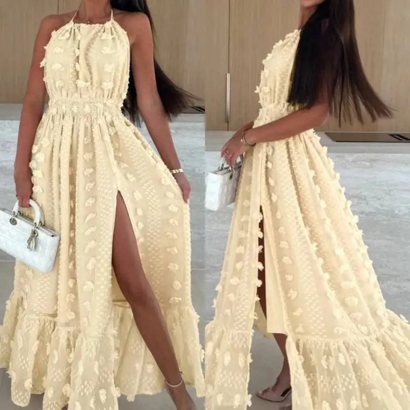 

Новые летние вечерние женские элегантные платья с лямкой на шее D и цветочным разрезом, женское сетчатое платье с открытой спиной и рюшами