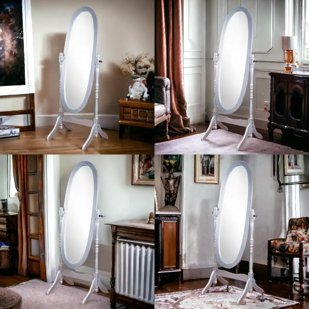 Miroir de sol cheval autoportant en bois de style vintage avec support réglable – Finition argentée, miroir pleine longueur pour la maison