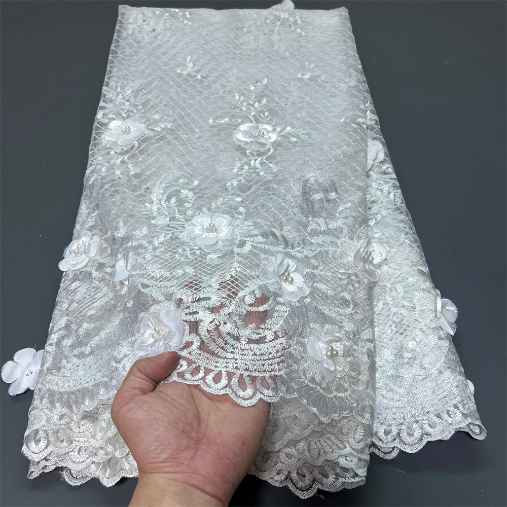 

2025 африканская нигерийская высококачественная кружевная ткань с вышивкой из тюля для свадебных платьев, элегантный материал для свадебного платья, 5 ярдов