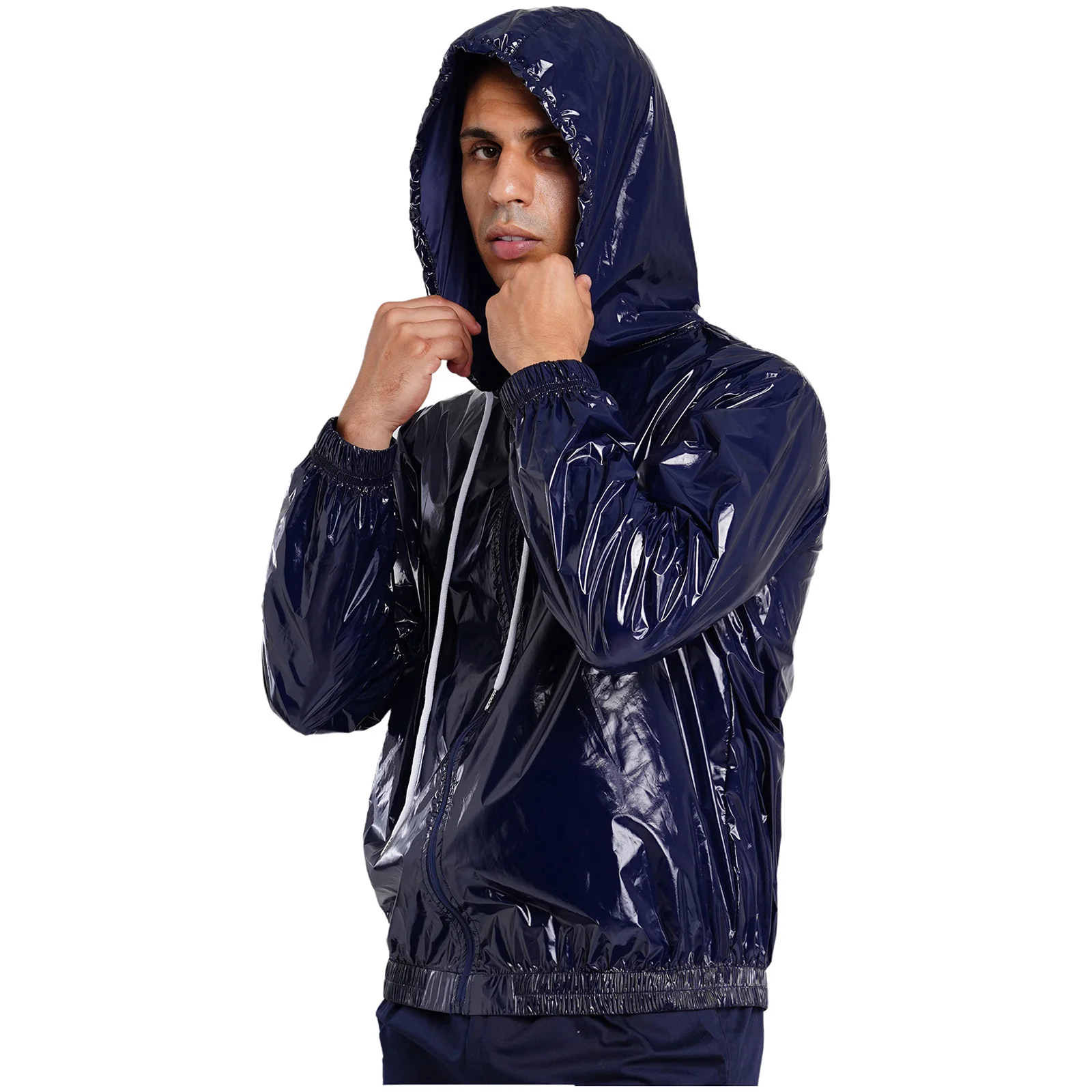 Men Waterproof Glossy Hooded Jacket Windbreaker Raincoat Long Sleeve Zipper Sweatshirt Outerwear Hip Hop Street Dance Costume