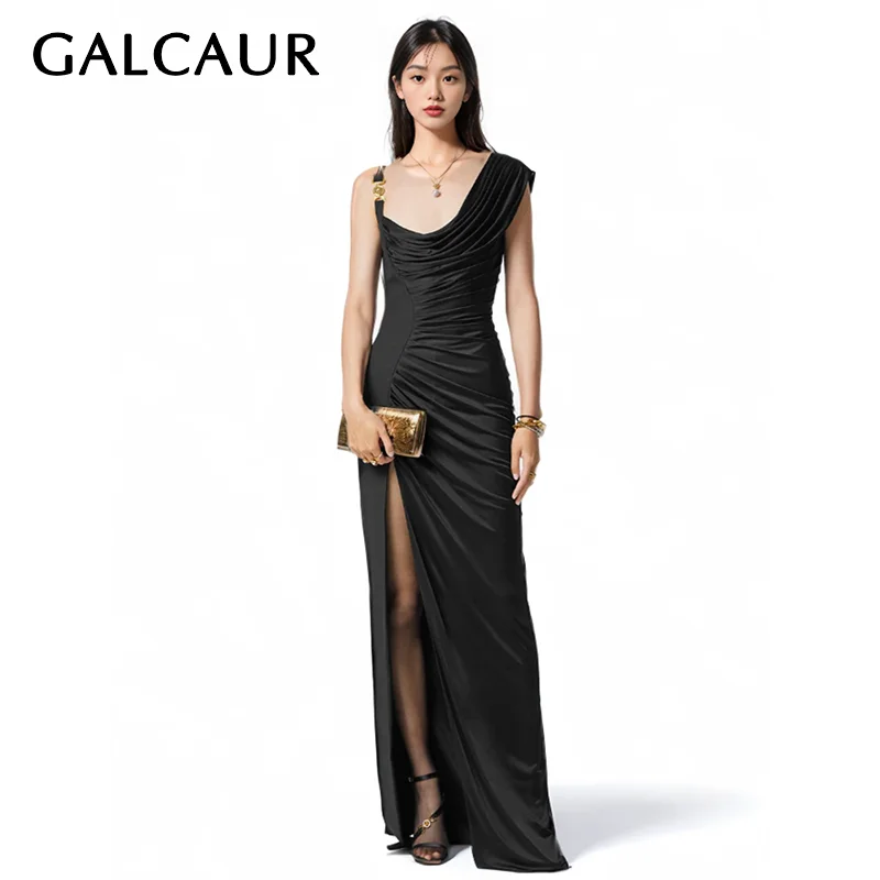 

GALCAUR Spliced Pleated Camisole Dress For Women Square Collar Sleeveless High Waist Irregular Thigh Split Solid Dress Female