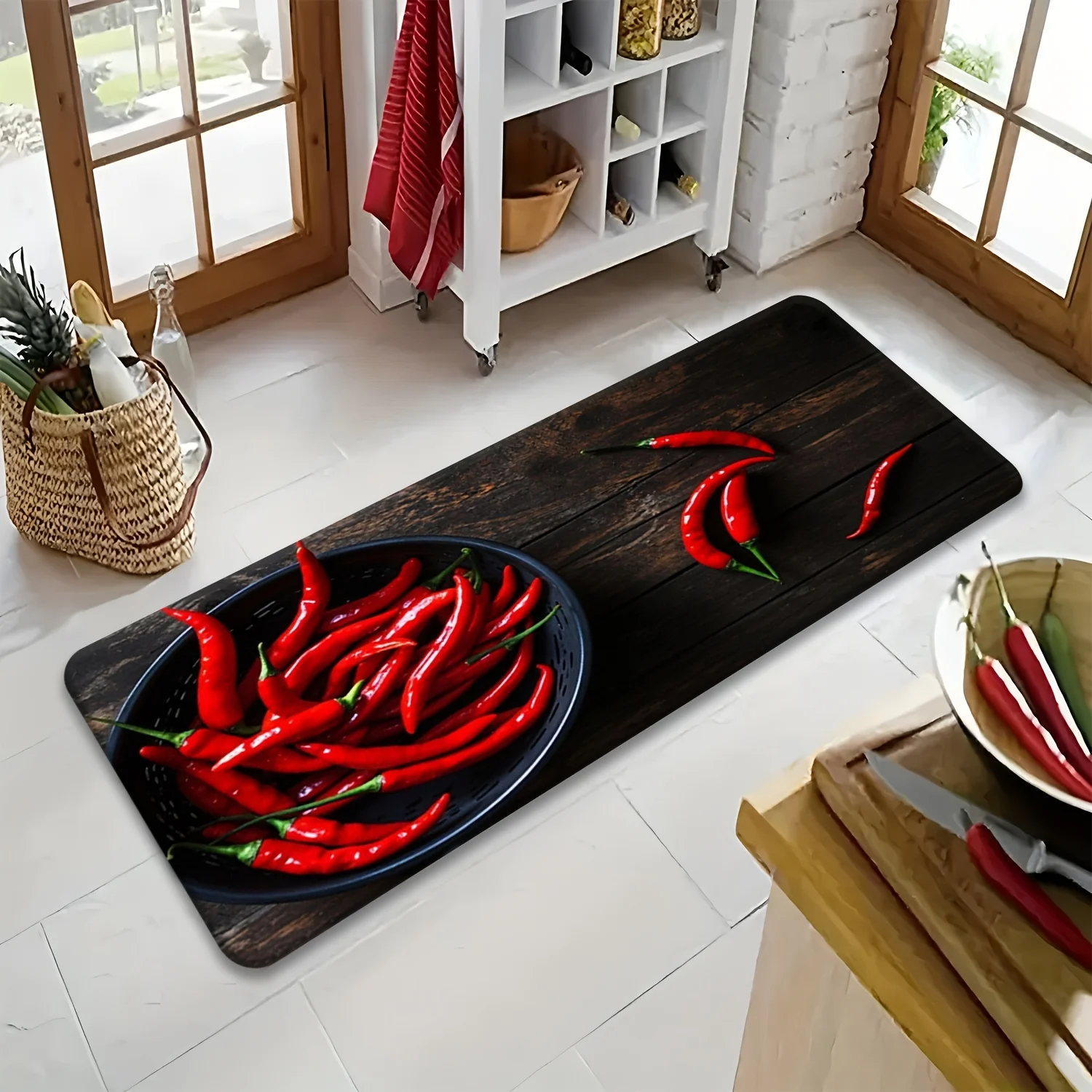 Rustic Dark Wood Red Chili Runner Mat Anti Slip Water Absorbent Rug Spicy Vegetable Farm Kitchen Decor Carpet for Bath Kitchen