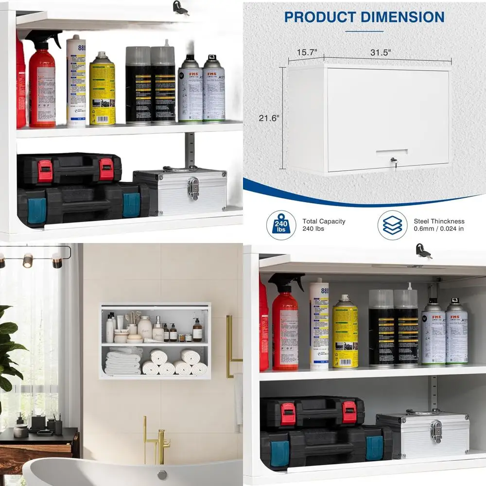 

White Wall-Mounted Metal Storage Cabinet with Shelf and Lock, Garage and Home Office Use, Assembly Needed