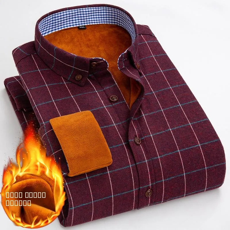 

Thick Plaid Warm Shirt Handsome Men's Long Sleeve Printed Shirt Non-iron Treatment Daily Wear Comfortable Fit Inner Wear