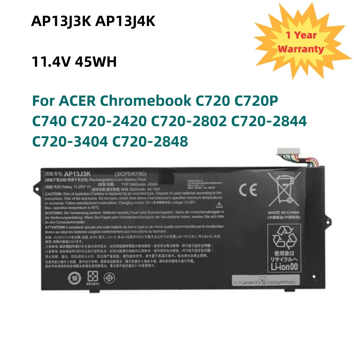 AP13J3K AP13J4K 11.4V 45WH Laptop Battery for ACER Chromebook C720 C720P C740 C720-2420 C720-2802 C720-2844 C720-3404 C720-2848