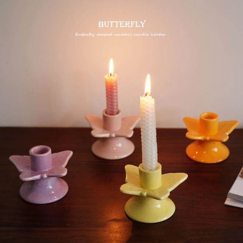 French Retro Candlestick European Butterfly Shape Colorful Ceramic Candlesticks Table Decoration Home Decoration Candle Holder
