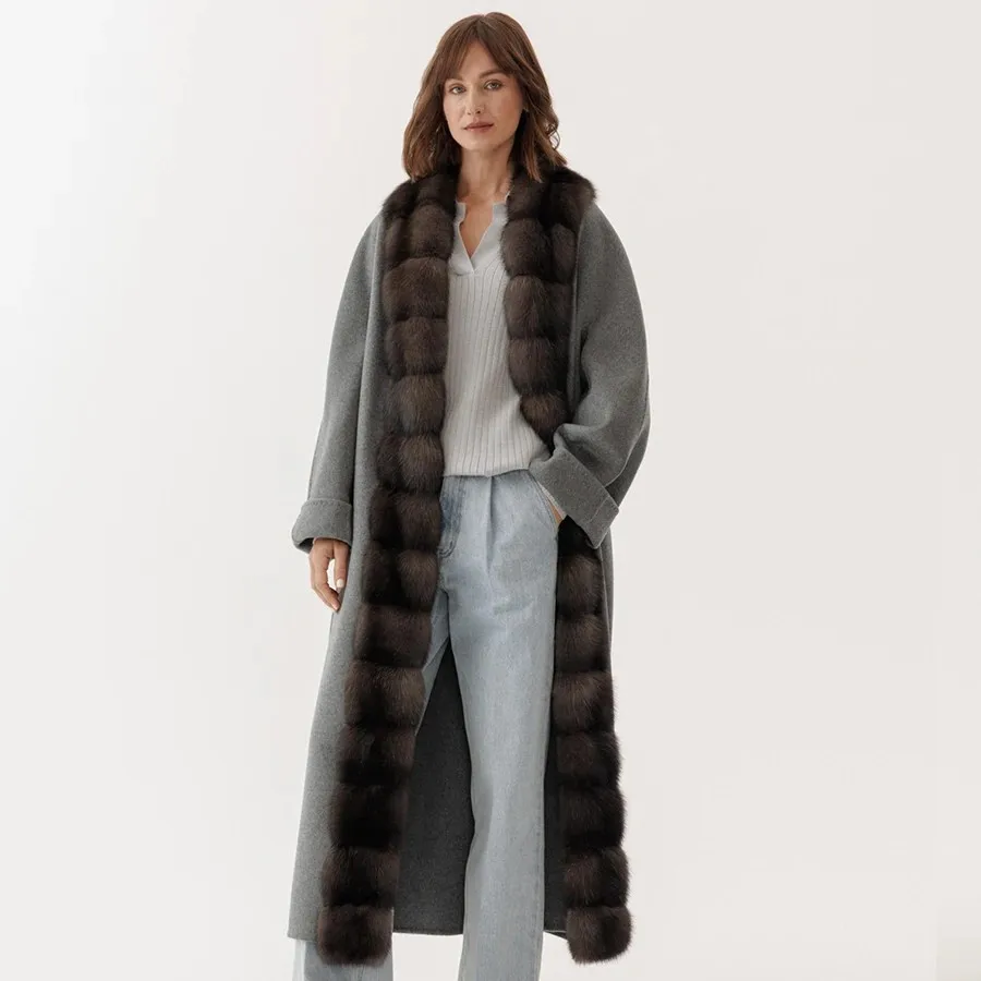 Women's Woolen Coat With Real Fox Fur Large Collar Luxury Fashion New Long Cashmere Wool Coat Lady New Arrival