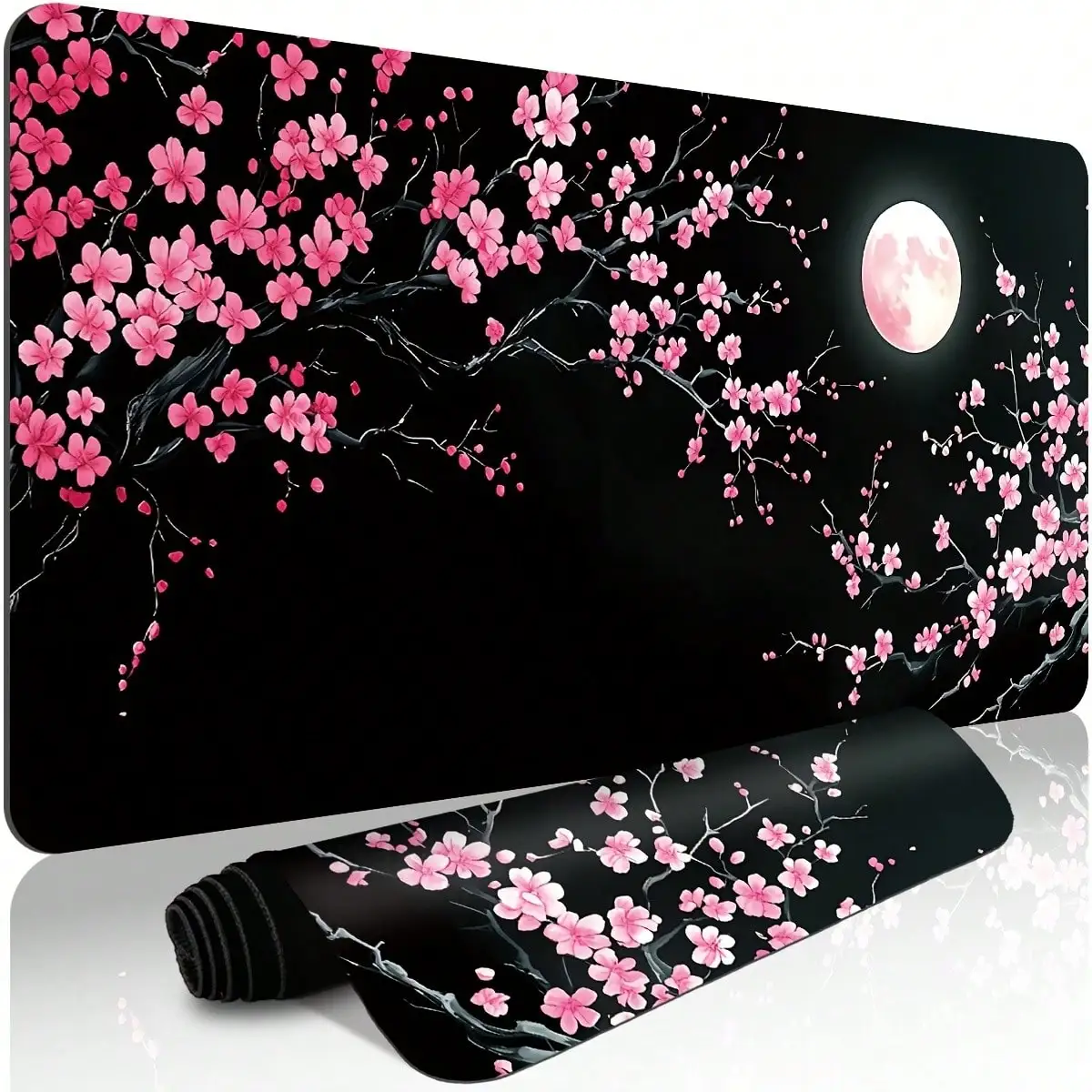 1 Cute Pink Plum Blossom Gaming Mouse Pad And Keyboard Mat With A Moonlight Design, Suitable For PC Computers. This Laptop Desk Mat Features A Durable Non-Slip