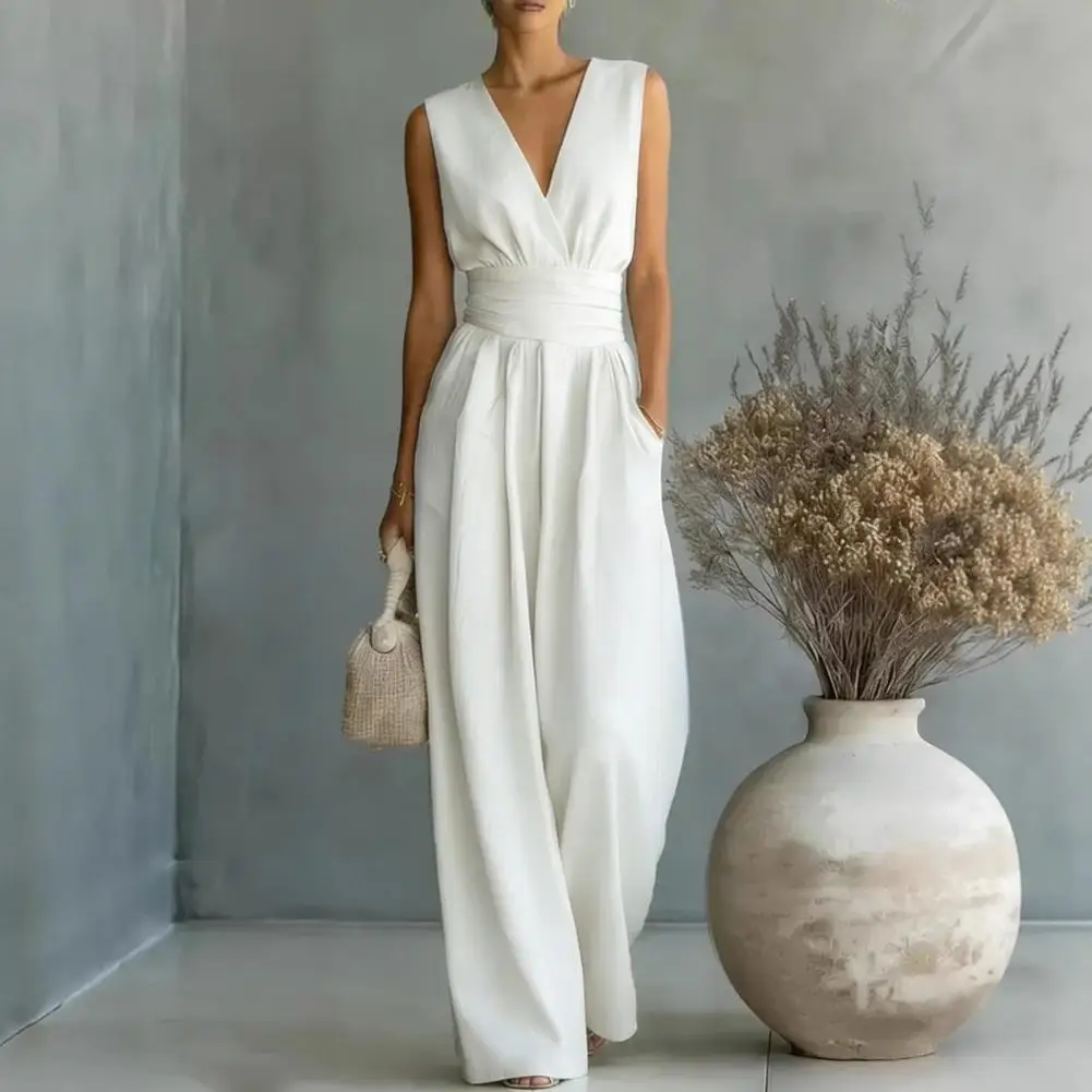 Women's Sleeveless Jumpsuits V Neck Straight Long Pants Rompers with Pockets Summer One Piece Overalls Casual Women Jumpsuit image 5