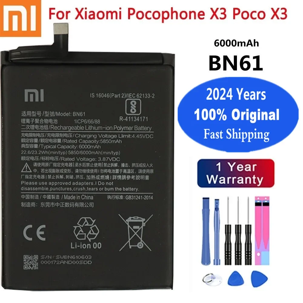 

2024 Years 6000mAh BN61 Original Battery For Xiaomi Poco X3 Pocophone X3 PocoX3 6000mAh High Capacity Phone Battery + Tools