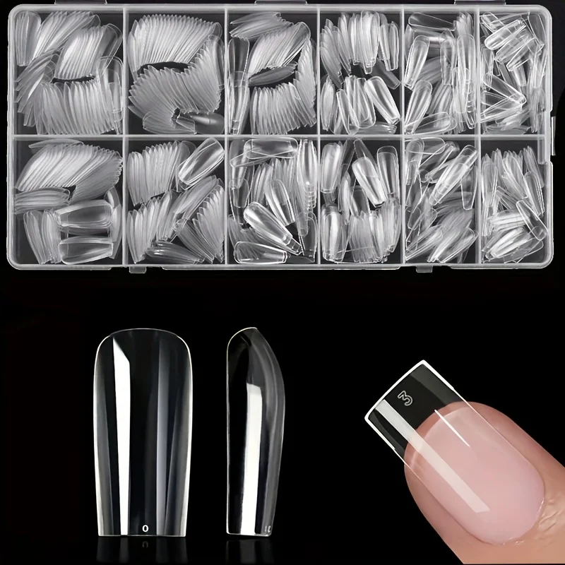 Embouts d'ongles carrés moyens 600 pièces pointes d'ongles en gel transparent faux pointes d'ongles souples à couverture complète pour bricolage cadeaux de salon à domicile, faux ongles à pression en gel pré-forme pour extension d'ongle (12 tailles)