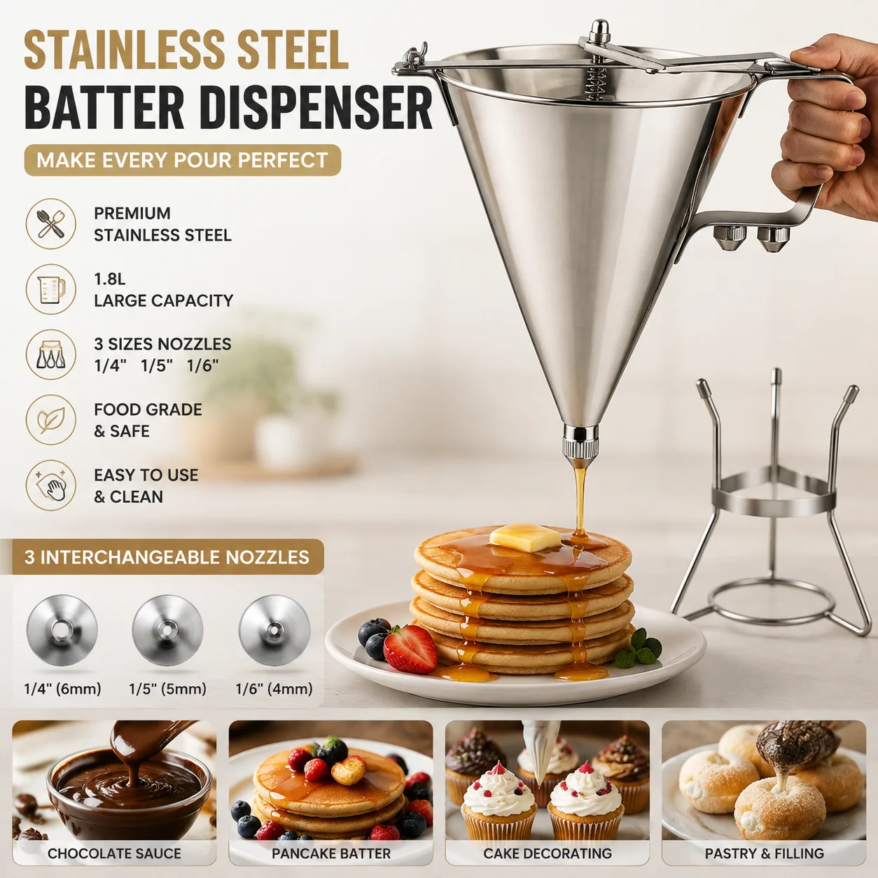 Stainless Steel Confectionery Funnel Dispenser 1.8L with Stand Pancake Batter Dispenser 3 Nozzle Sizes 1/4 1/5 1/6 Inch