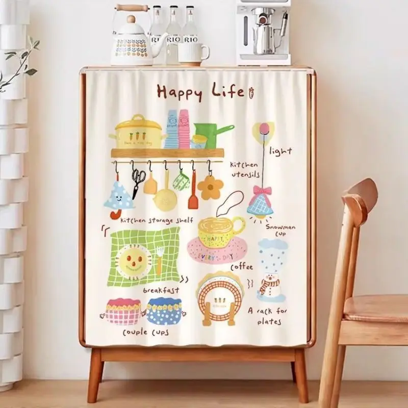 VIKAMA Cartoon Kitchen Utensils Cabinet Curtain No Drill Dustproof Cupboard Cover Ins Decor For Kitchen Storage Shelf