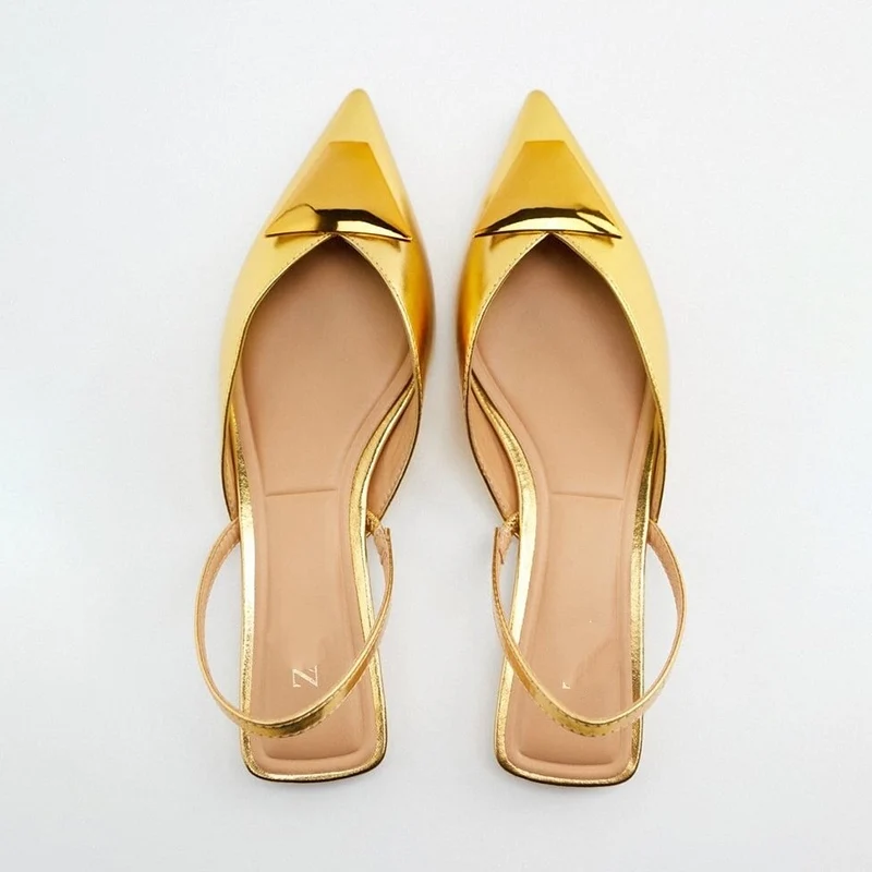 2023 Summer Brand Women\'s Shoes Gold Flats Metal Buckle Shallow Pointed Toe Slingbacks Shoes Fashion Sandals Sandalias Mujer