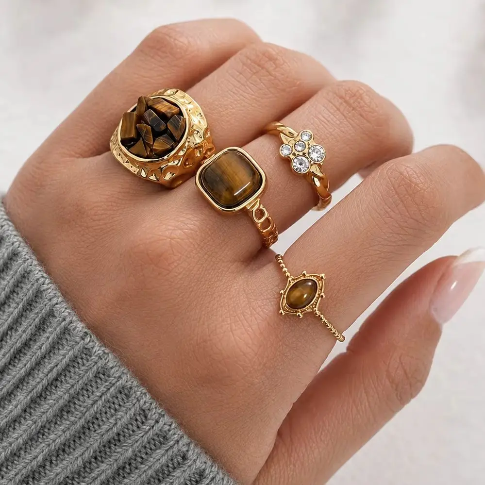 4Pcs Vintage Stainless Steel Ring Set for Women Smoky Quartz Landscape Stone Floral Rhinestone Hammered Statement Jewelry Gift