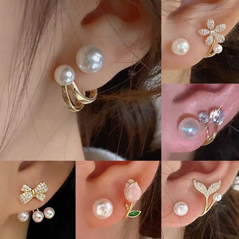 925 Silver Needle Korean Pearl Crystal Stud Earrings For Women Vintage Flower Butterfly Leaf Earrings Party Wedding Jewelry z60