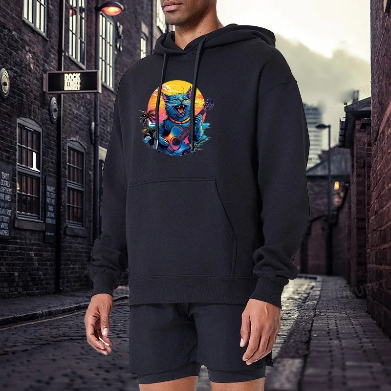 

Cute Cat Guitar Prints Sweatshirts Men Hooded Basics Hoodies Loose Fleece Warm Clothes Spring Comfortable Mans Streetwear