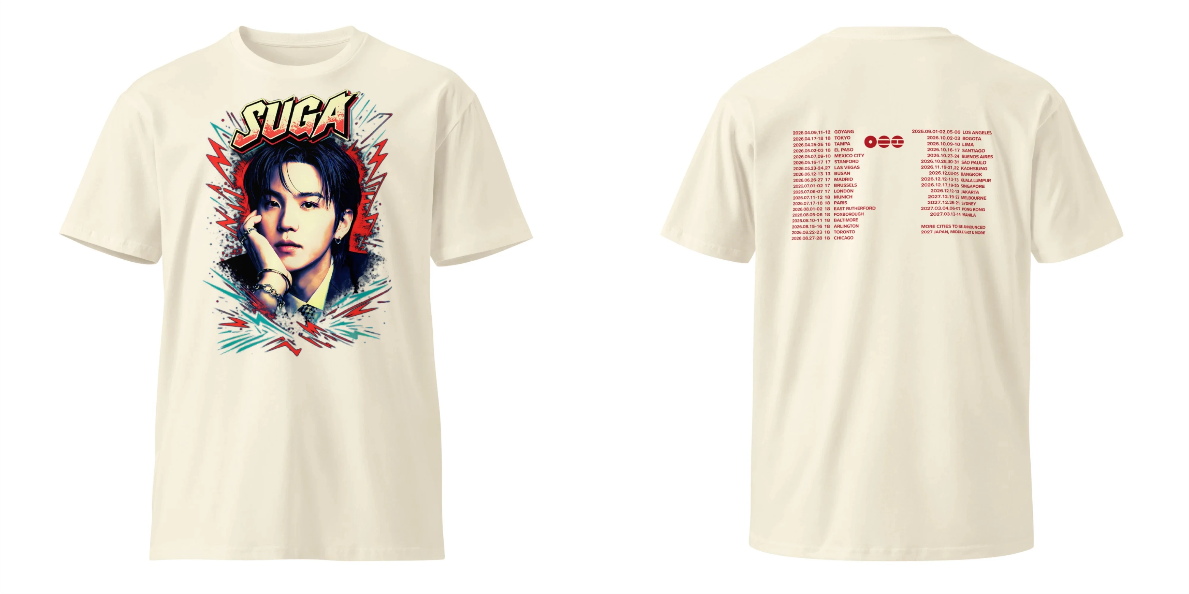 BTS Suga Taehyung 2026 World Tour Doppelseitiges Grafik-T-Shirt mit Porträt und Tour-Städtenliste Kpop-Fans T-Shirt für Männer, Frauen und Kinder – Detail 11