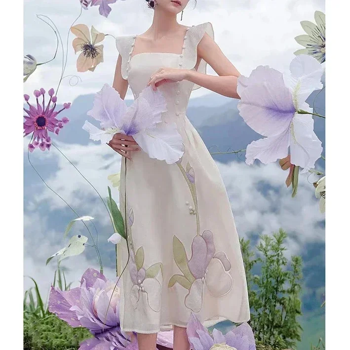 

New Elegant Womens Dress Jacquard Flower Hollow Out Strapped Bodycon Dress Vintage Sleeveless Luxury Party Vestido Square Neck