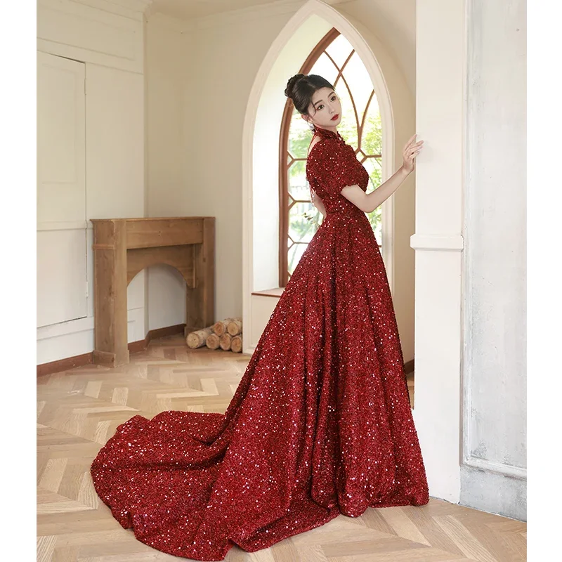 Customized  Elegant Wine Red Sequins Evening Dress for Women Stand Collar Puff Sleeve A-line Sparkling Party Formal Gown Vestido