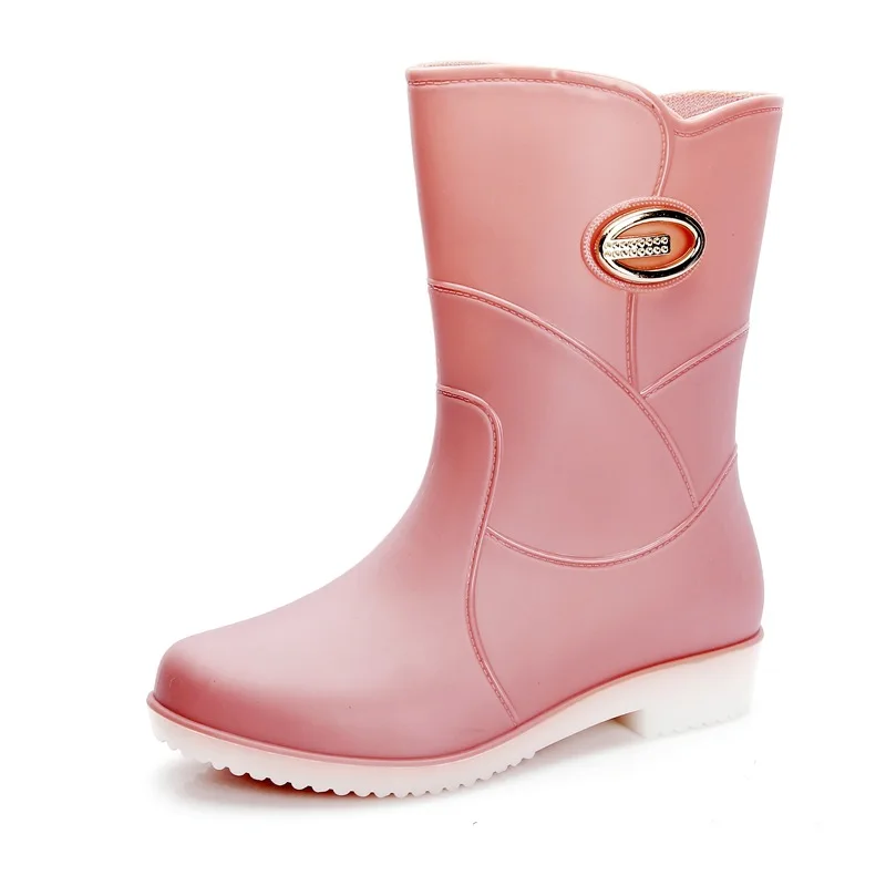 Women's Metal Decoration Mid-Calf Rain Boots Outdoor Platform Water Boots Non-slip Waterproof Work Shoes Flat With Rainboots