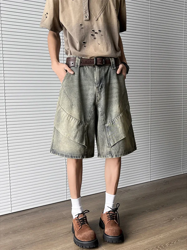 

Retro American Denim orts Men Summer Trendy Streetwear Casual Waed Wide Leg Straight Five-Quarter Pants Outerwear