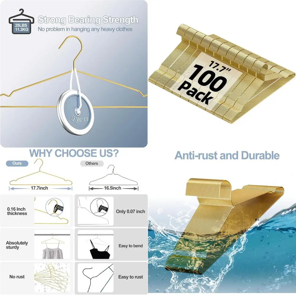 

Золотые сверхпрочные металлические вешалки с насечками для больших костюмов, рубашек, брюк и пальто — компактные, упаковка 100 шт.