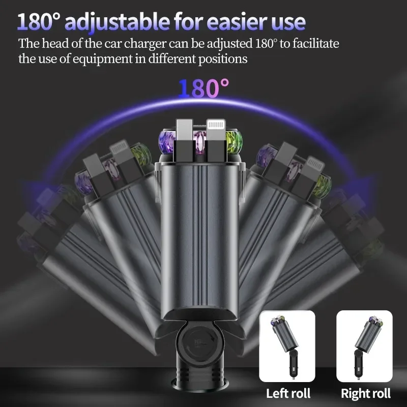 شاحن سيارة قابل للسحب 5 في 1 PD45W شحن سريع USB Type-C محول الطاقة شاحن الهاتف مع سقف ضوء النجوم سيارة الروائح