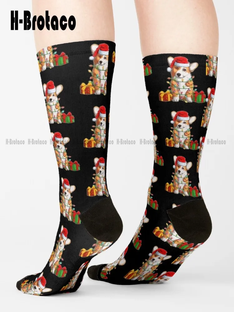 Calcetines deportivos con diseño de luces navideñas para mujer, calcetín con diseño de Corgi Santa, Harajuku Gd, Hip Hop, dibujos animados, arte informal