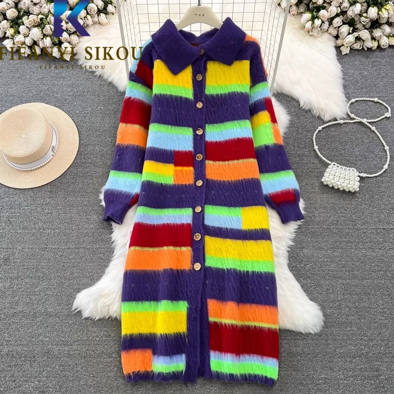 

Long Cardigan Women Knitted Sweater Coat Lapel Fashion Rainbow Striped Knit Jacket Autumn Winter Loose Single Breasted Sweaters