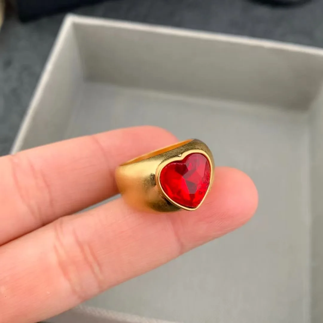 Trendy Vintage Red heart-shaped Rhinestone rings earrings for women's girl gift Party  Jewelry  accessory