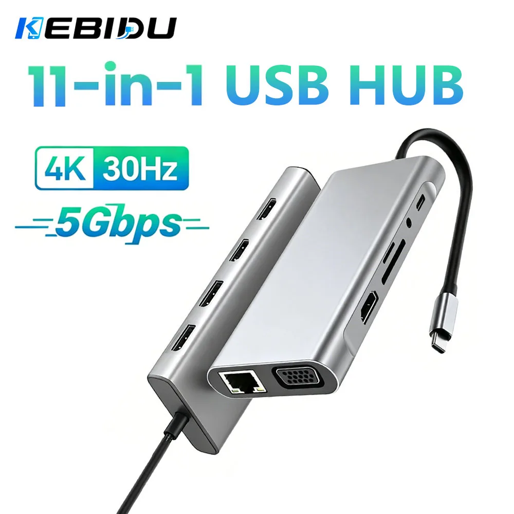 KEBIDUMEI USB C HUB 11-in-1 Docking Station USB 3.0 Adapter Type C to HDMI VGA PD RJ45 1000M Network Adapter for Laptop Macbook