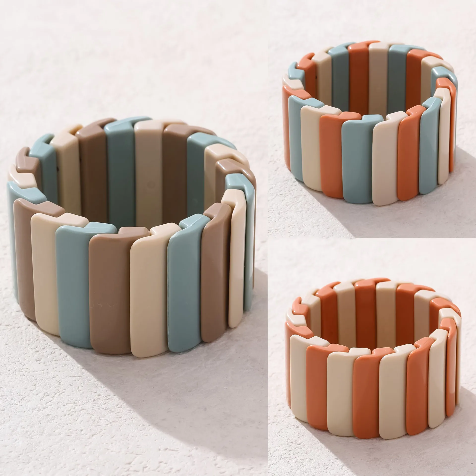 Macaron color acrylic tile splicing, bracelet niche geometry, stackable couple beaded elastic bracelet