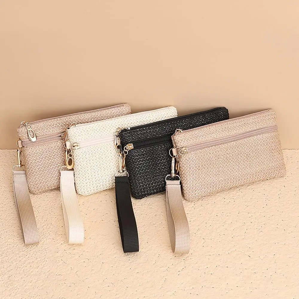 محفظة لطيفة من القش صغيرة بسحاب مزدوج للعملات المعدنية، حقيبة تغيير للسيدات والفتيات