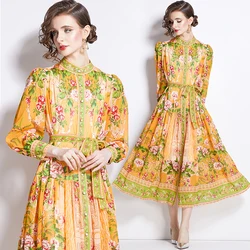 New Spring Summer Print Flower Chiffon Vintage Stand Collar Lantern Sleeve Lace Up Bow Single Breasted Holiday Boho Party Dresse