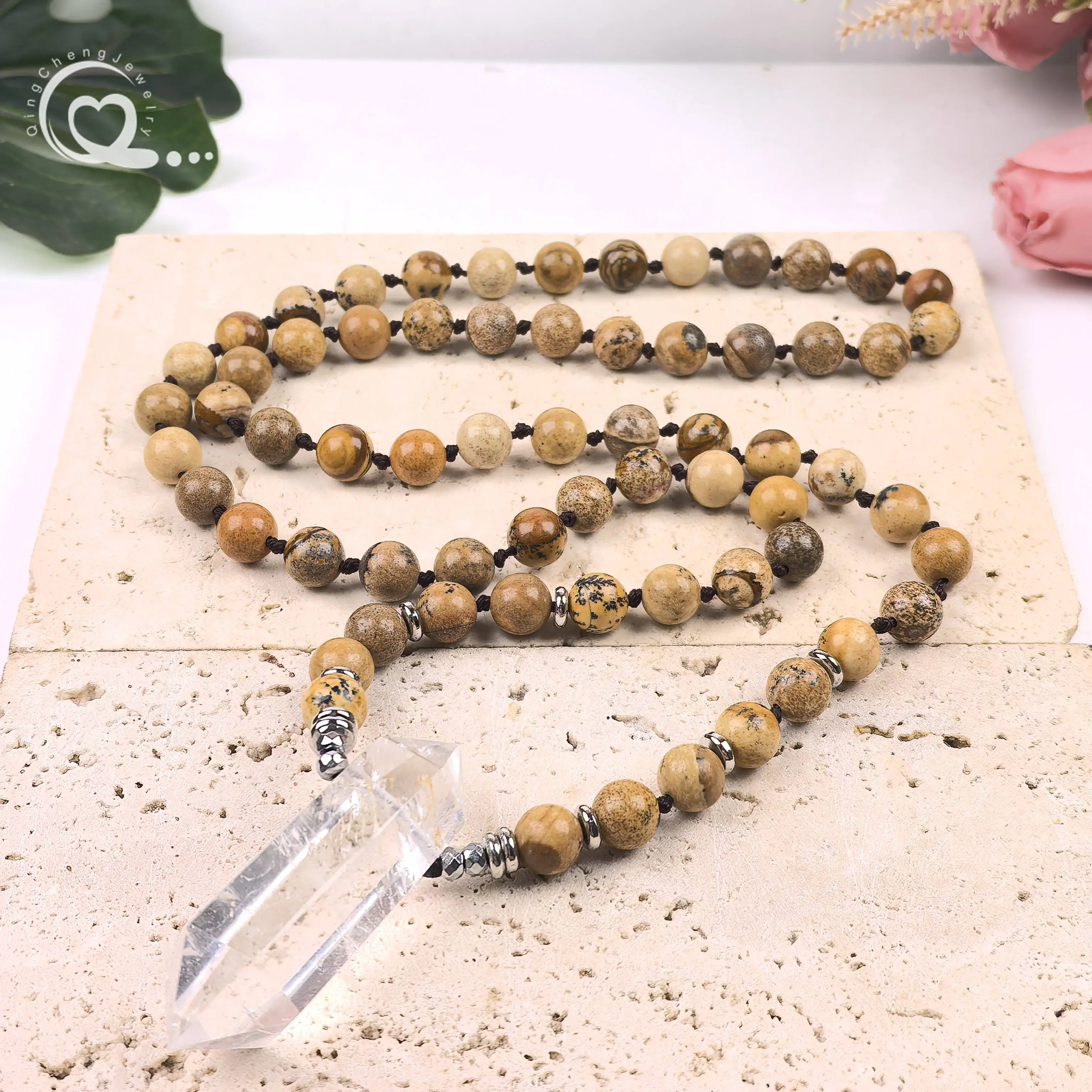 

Handmade Knotted 108 Mala Beads Necklace Crystal Double Point Pendants 8mm Round Picture Jasper Yoga Prayer Jewelry Gifts,QC0185