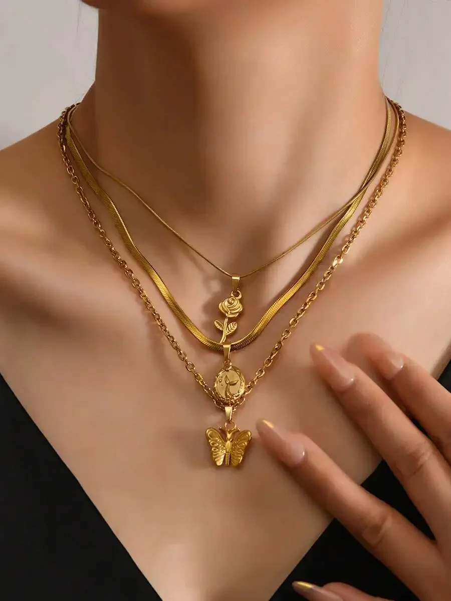 

3pcs Stainless Steel Layered Necklaces With Rose Butterfly Pendant For Women