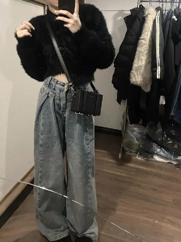 Korean Fashion Spring New Black Furry Short Sweater Women's Summer New High-end Feeling Spicy Girl Knitted Pullover Top