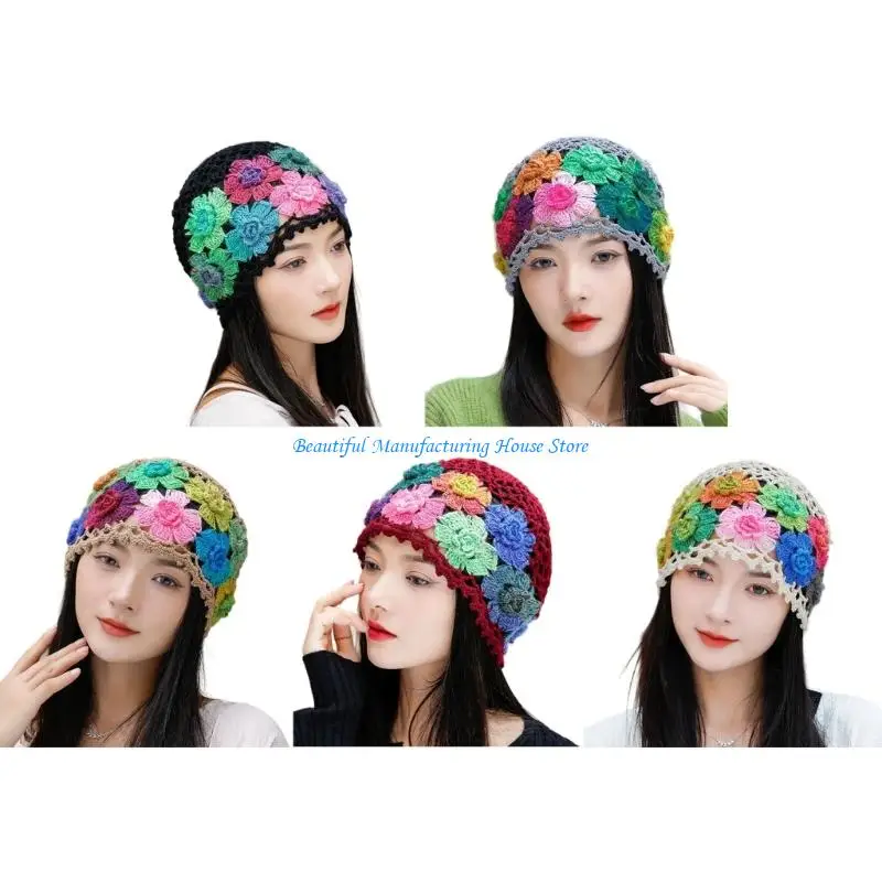 

E56A Handmade Cotton Brimless Hat Hollowout Flower Design Skull Hat Breathable Headwear For Female Travel and Photography