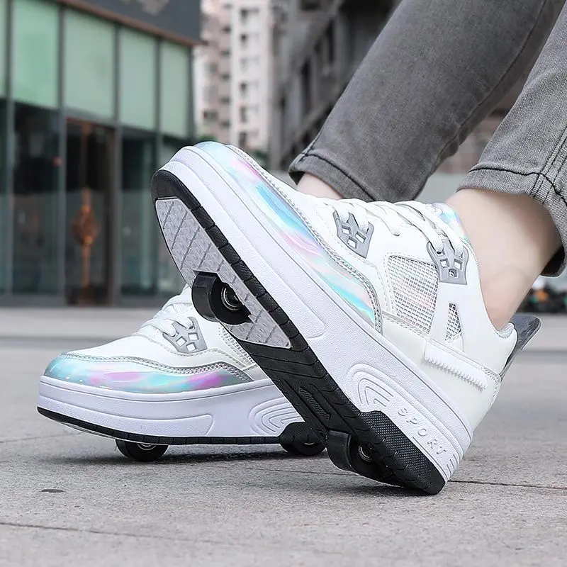 2-in-1 Unisex Retractable Roller Shoes 2 Wheels Holographic Breathable Mesh Non-slip Casual Skate Sneakers for Daily Use