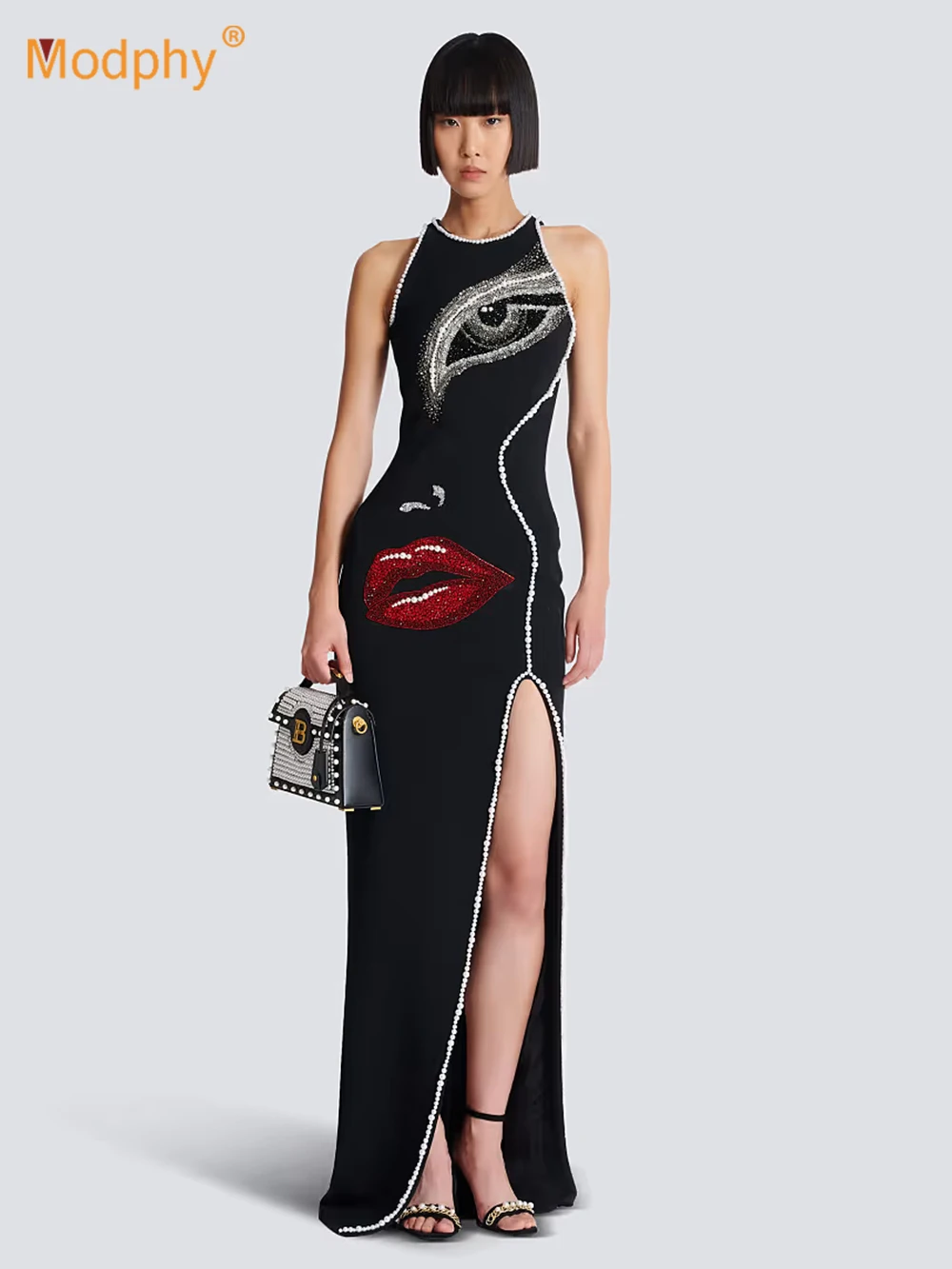 Modphy Sexy Diamond Pearl Abito senza maniche da donna Fasciatura aderente 2025 Nuovi eleganti abiti maxi da sera per feste con perline