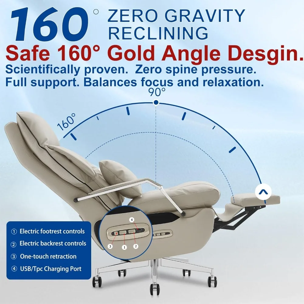 كرسي مكتب منزلي تنفيذي بمحرك مزدوج مع مسند للقدمين - استلقاء كهربائي بنقرة واحدة مع تدليك ووسادة تدعم 430 رطل كبير #5