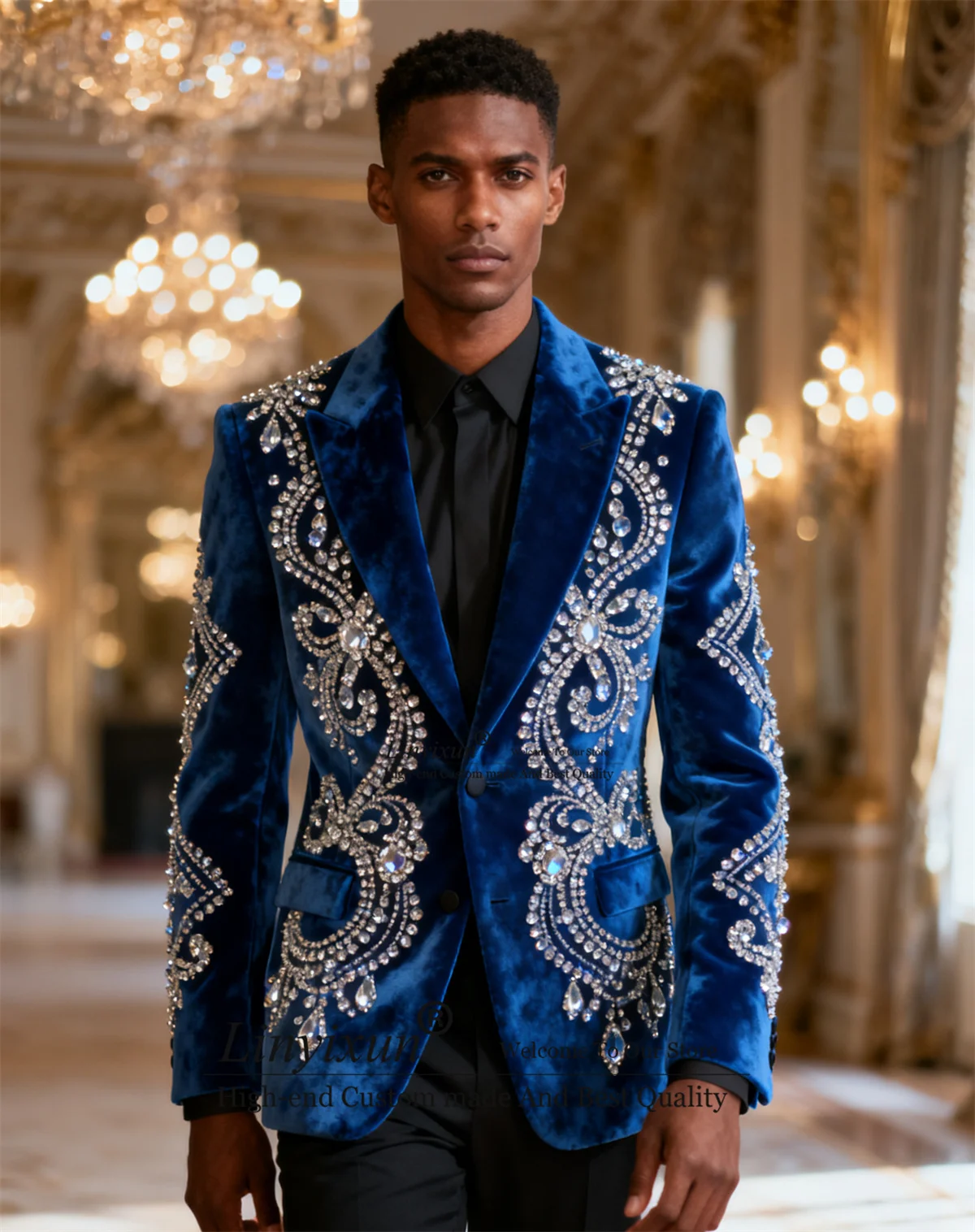 

Sparkly Rhinestones Beaded Velvet Men Suits 2 Pcs Sets Groom Tuxedos High End Wedding Party Ropa Blazer Costume Homme Customized