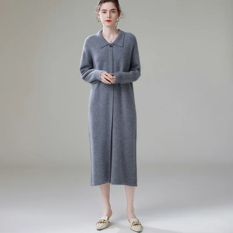 Nuovo abito lungo in cashmere da donna, lussuoso, abbottonato, caldo, stile coreano, ampio, morbido, elegante, colletto polo, autunno/inverno 2024