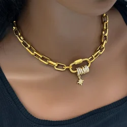 18k Gold Plated Chunky Stainless Steel Tarnish Free Chains Choker Carabiner Zircon Penadnt Necklace for Women Designer Jewelry
