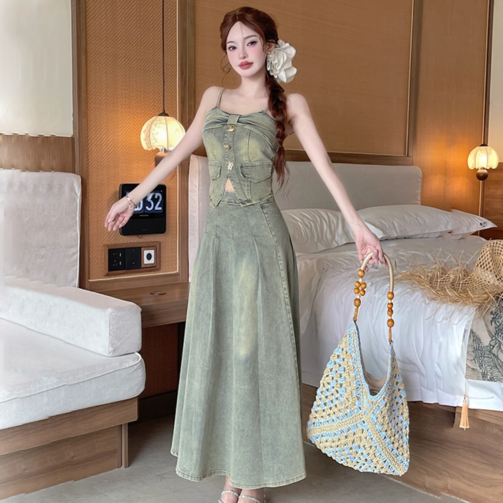 

Sexy Chic Slim Fit Short Denim Tube Top And Skirt Two Piece Set High Waist Long Pleated Dress Casual Cotton Workwear Skirt