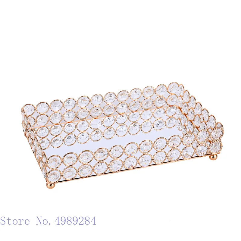 Golden Glass Mirror Tray Cosmetic Container Lipstick Necklace Desktop Shelf Storage Jewelry Metal Storage Box Crystal Plate Tray